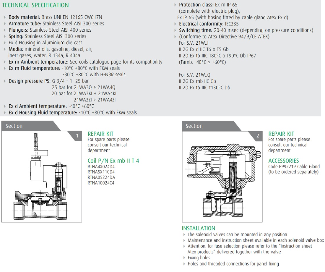 Van điện từ ODE 21W7ZIV500 - Thường mở